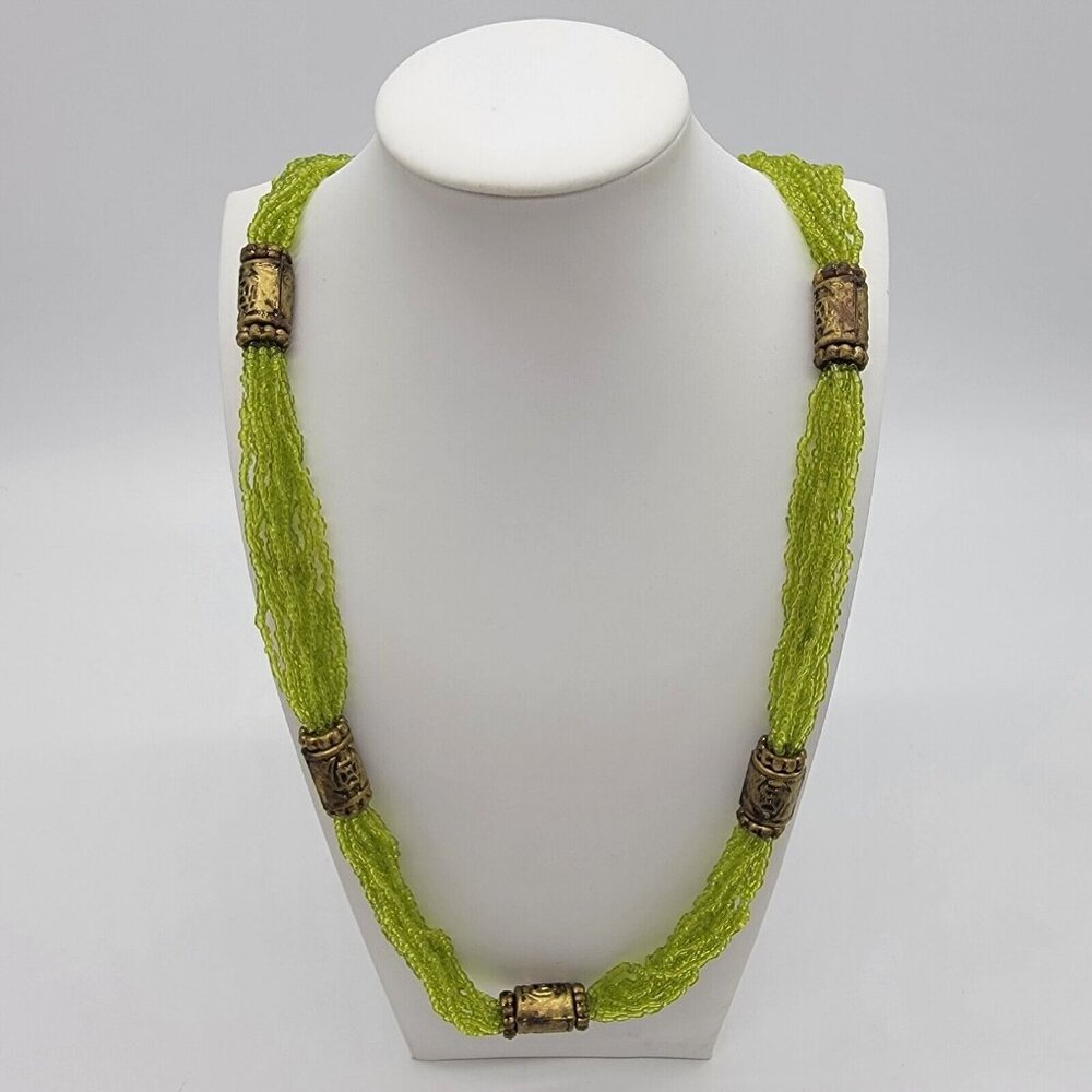 Bohemian Necklace Bead Boho Green Etched Metal Spacers Beaded